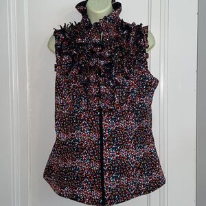 DS by Debbie Shuchat sleeveless ruffle front zip up blouse with polka dots